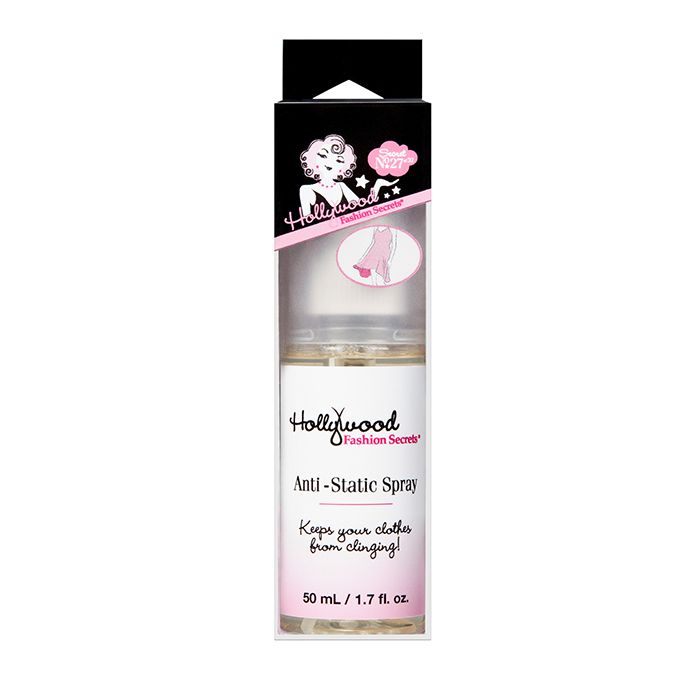 Front view of Hollywood Fashion Secrets Anti-static spray packaging with printed label text