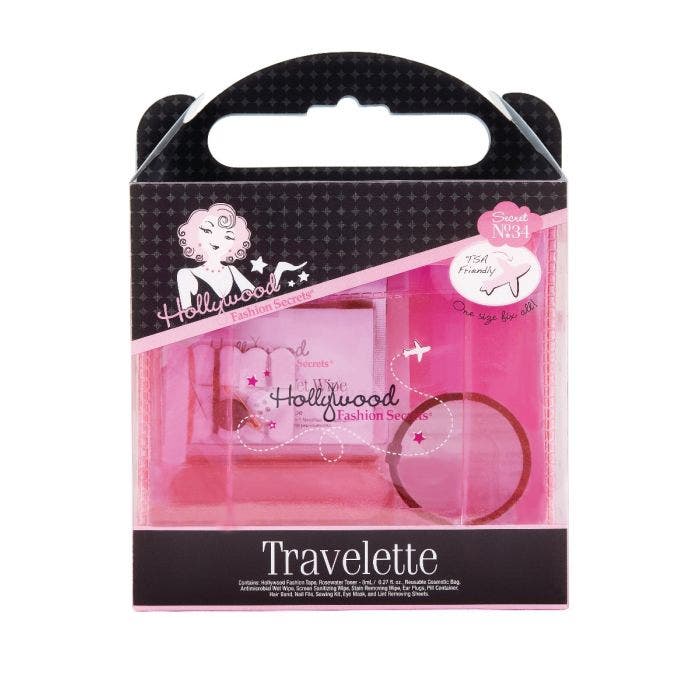 Front view of Hollywood Fashion Secrets Travelette Kit transparent pack with label text