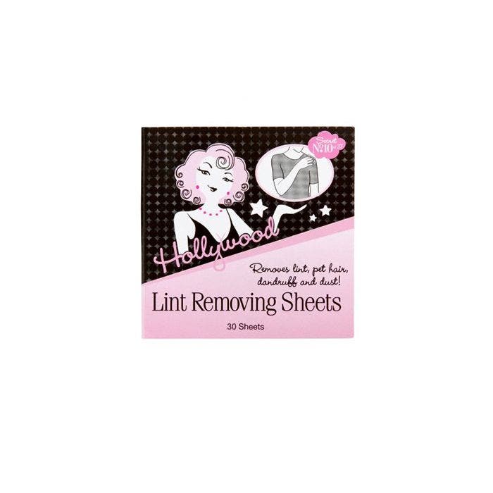Front view of Hollywood Fashion Secrets lint removing sheets pack with printed text