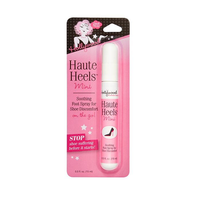 Frontage of a sealed wall-hook ready pack of Hollywood Fashion Secrets mini Haute heels soothing spray