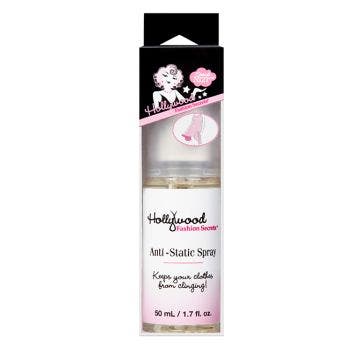 Front view of Hollywood Fashion Secrets Anti-static spray packaging with printed label text