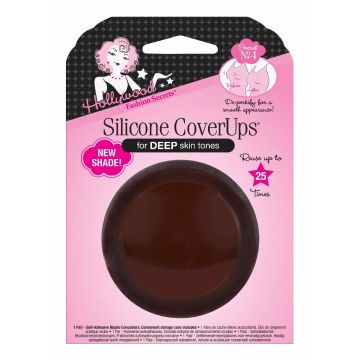 Frontage of silicone coverup for nipples in a sealed wall-hook ready box with label text isolated in white color background