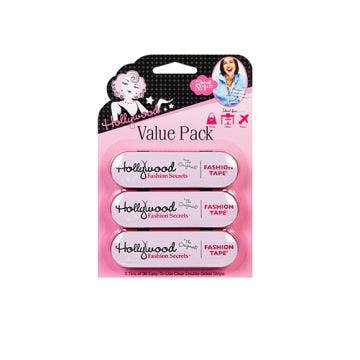 Three tins of fashion tape strips in a sealed wall-hook ready pack